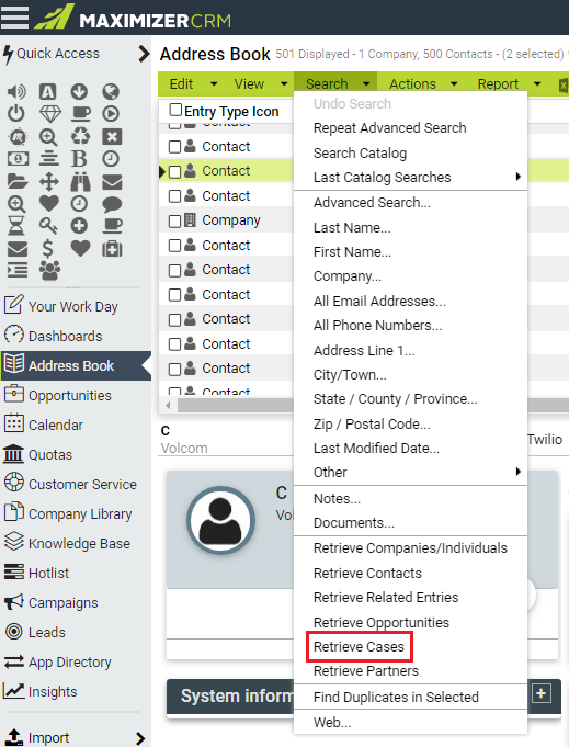 Retrieve A List of Cases for An Address Book Entry – Maximizer